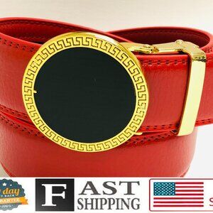 Red Belt Slide Belt Round G Gold Buckle Not Holes Slide Belt Fashion Street Wear